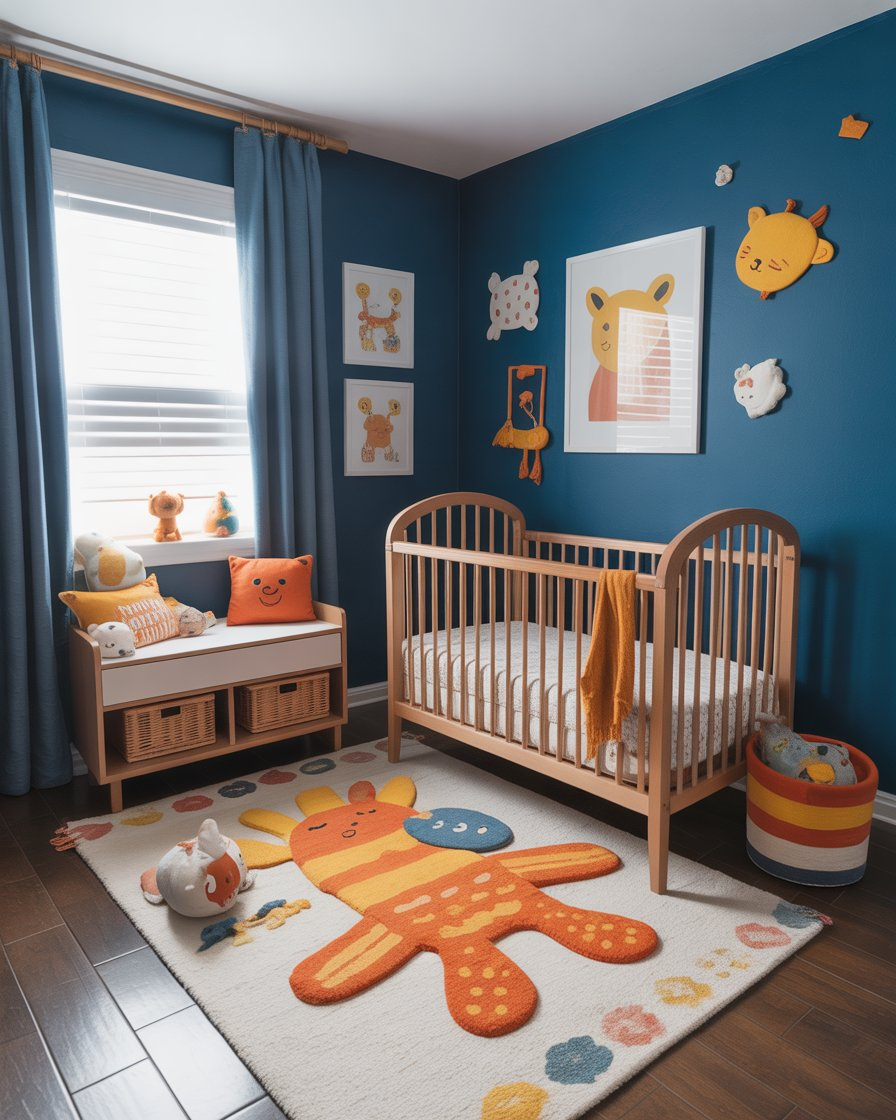Whimsical dark blue and orange nursery, perfect for a calming yet fun environment for babies.