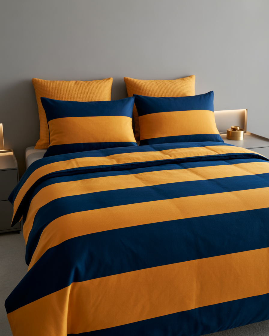 Navy blue and mustard yellow striped bedding creating a dynamic and modern bedroom look.