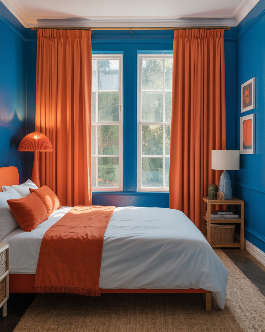 Vibrant tangerine curtains enhancing natural light in the bedroom