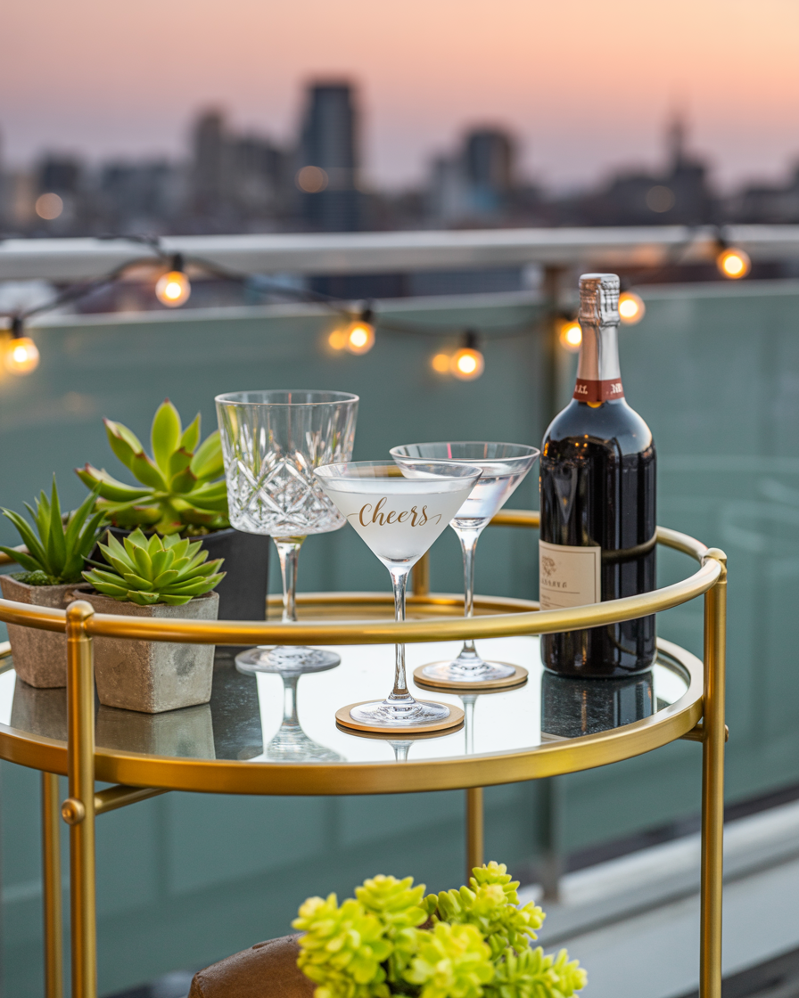 Balcony bar cart with drinks and decorative accents