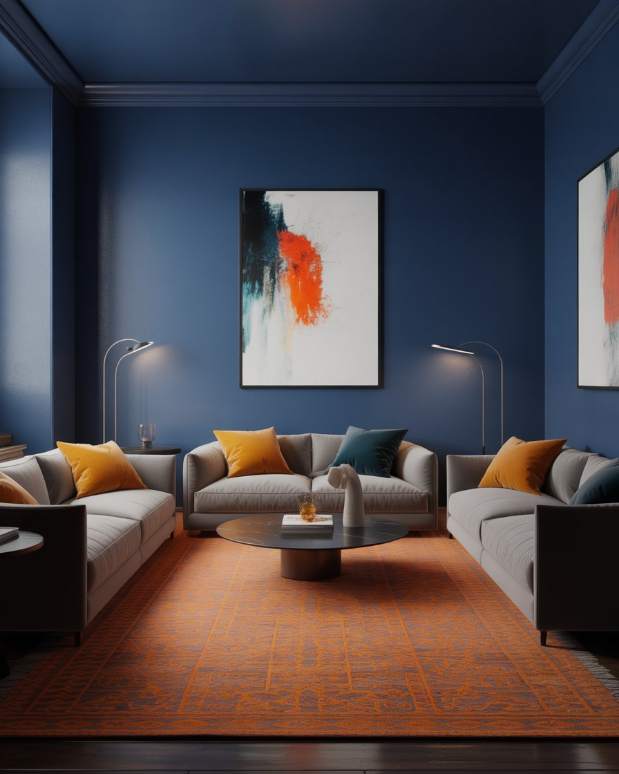 Elegant dark blue living room with bold orange accents, creating a stylish, inviting vibe.