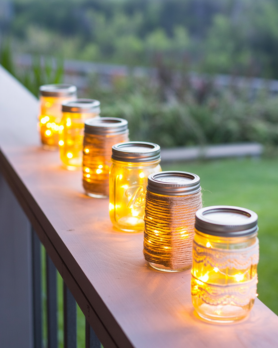 Handmade mason jar lanterns glowing at night