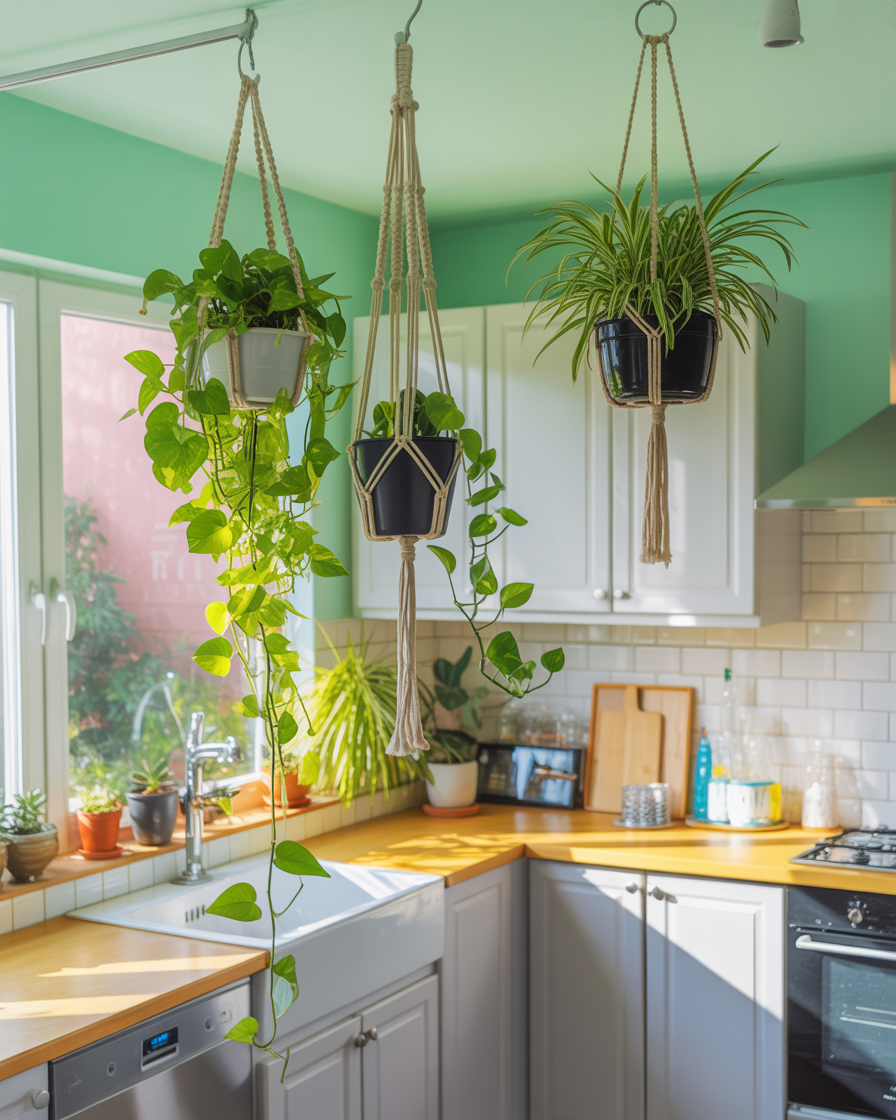 Hanging plants in a sunlit kitchen.