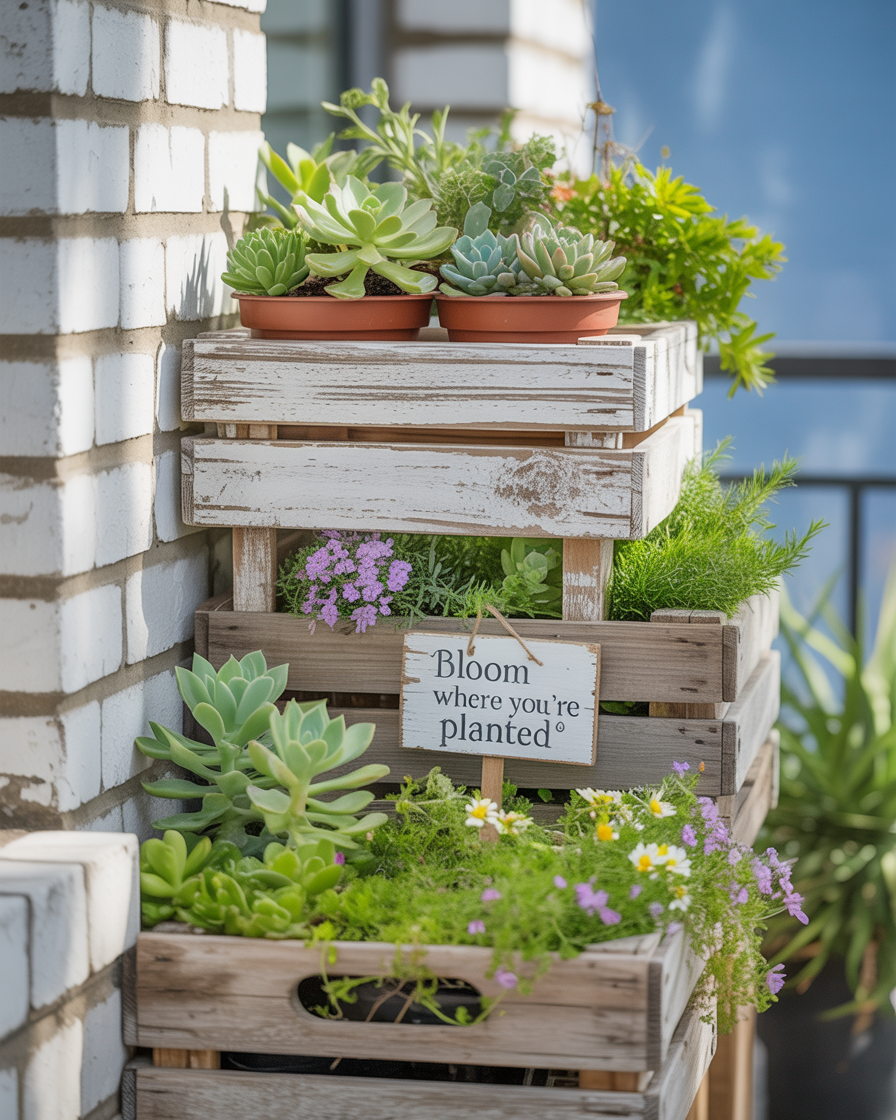  DIY balcony garden with rustic wooden crates as planters