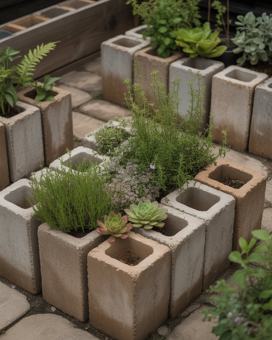 Cinder block garden borders with plants growing between the gaps.