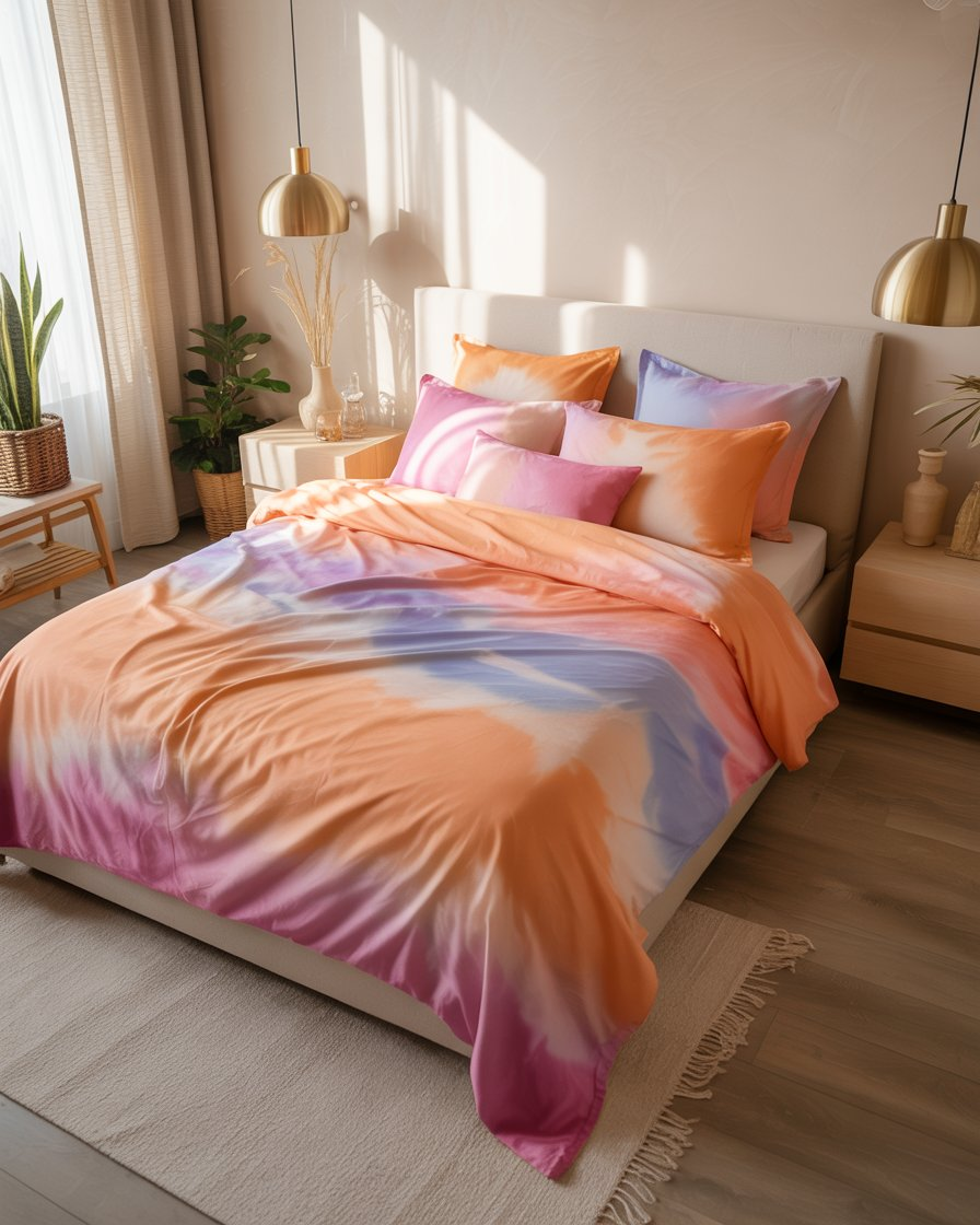 Boho bedroom with colorful tie-dye bedding and a harmonious gradient effect."