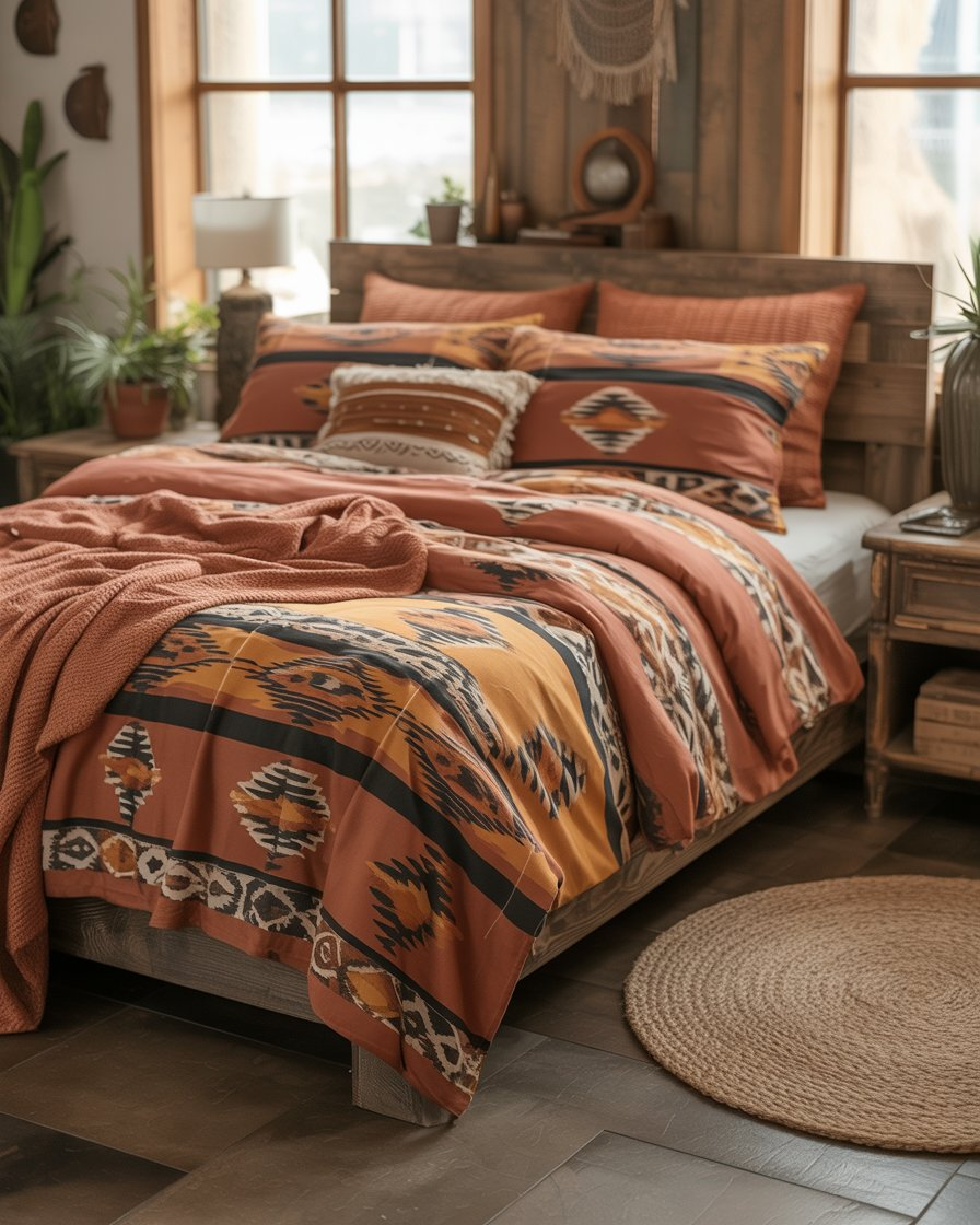 Southwestern-inspired boho bedroom with warm-colored bedding and geometric designs.