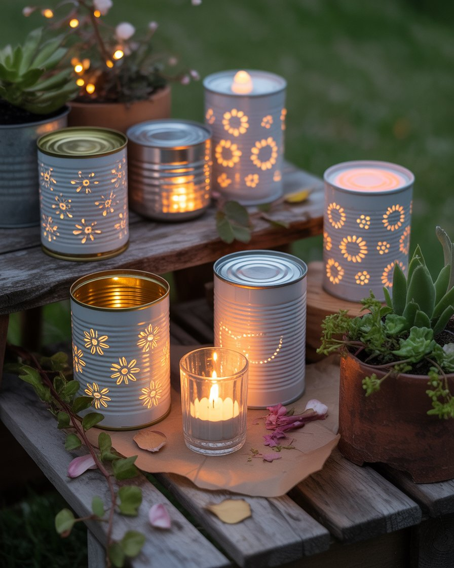 Recycled tin can lanterns glowing softly in a boho garden.