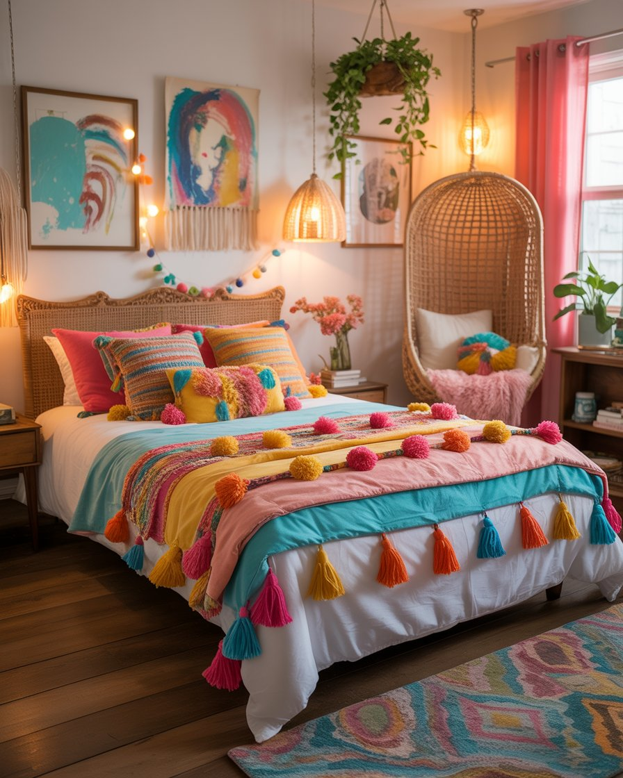 Boho bedroom with vibrant bedding decorated with tassels and pom-poms.