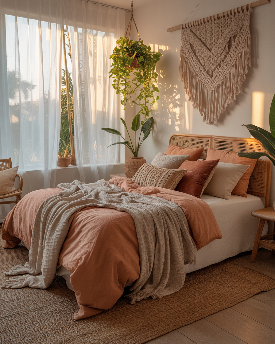 Boho bedroom with airy white sheer curtains and soft sunlight, creating a peaceful and spacious vibe.