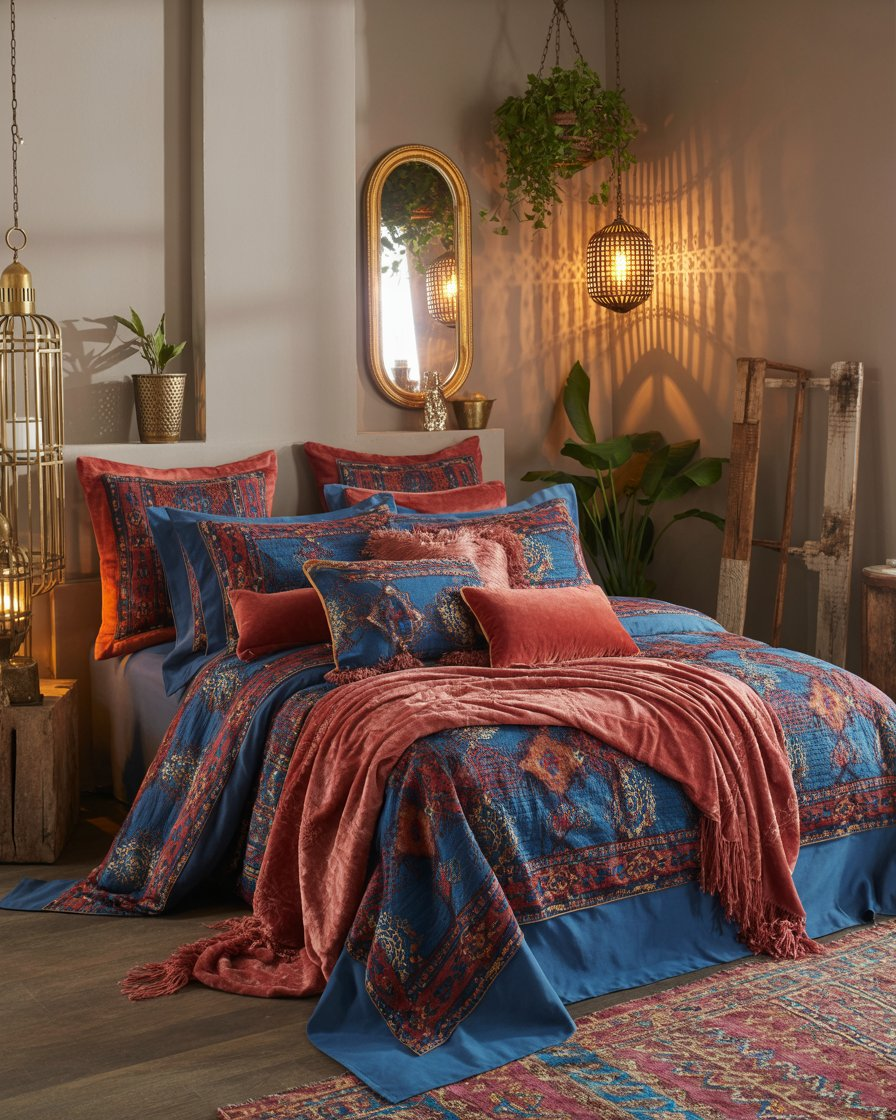 Boho bedroom with Moroccan-inspired bedding and metallic accents.