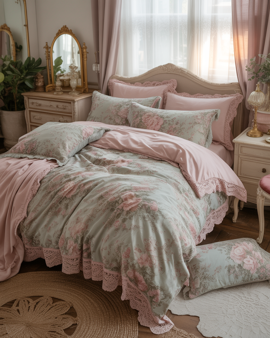 Vintage boho bedroom with antique floral bedding and romantic vintage décor.