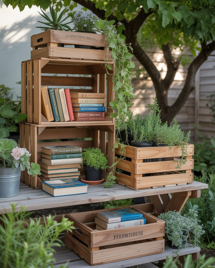 Wooden crate bookshelf filled with books and plants in a boho garden.