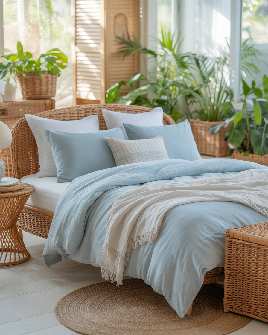 Coastal boho bedroom with white and blue bedding and a relaxed beachy atmosphere.