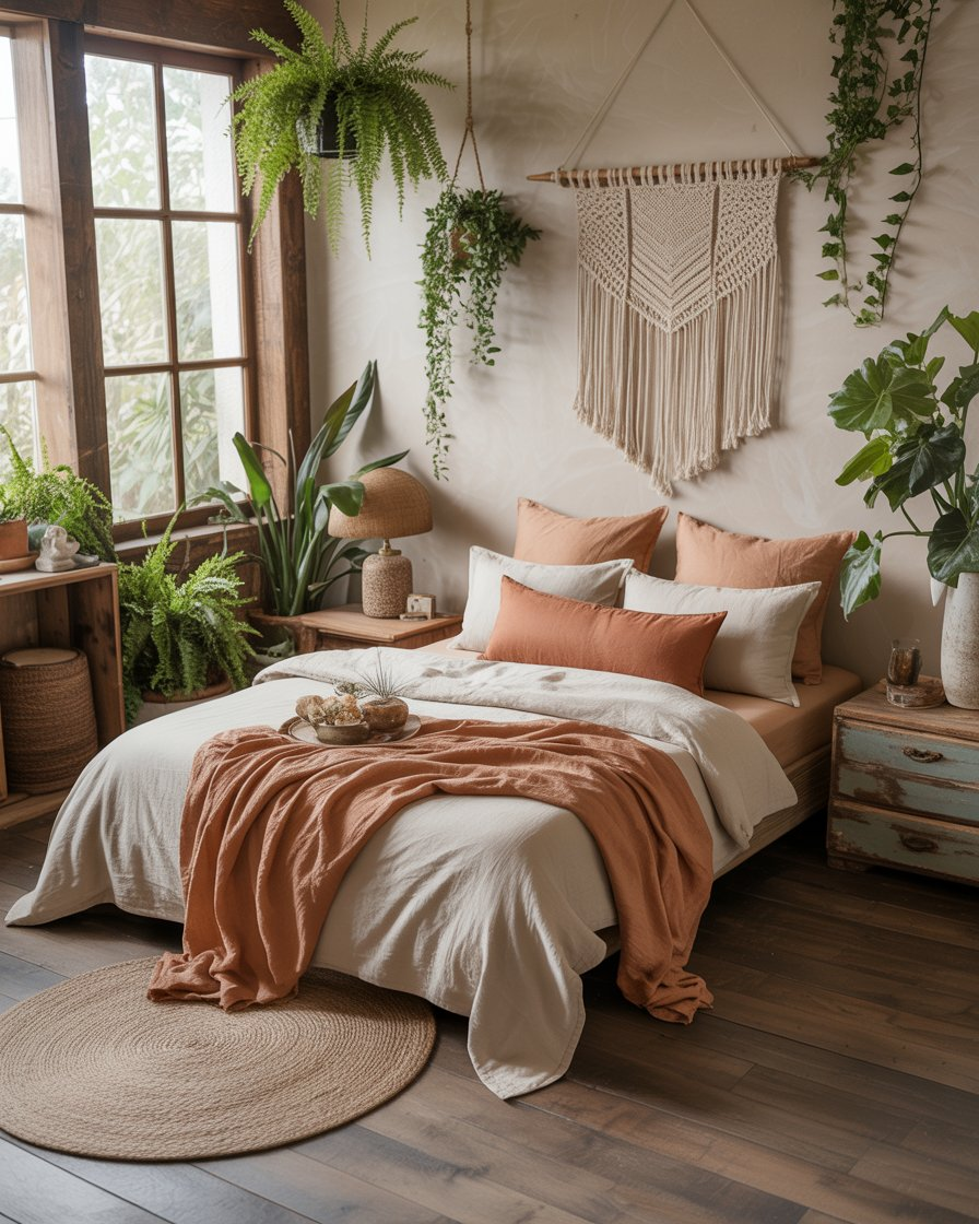 Rustic boho bedroom with linen bedding and natural, earthy colors.