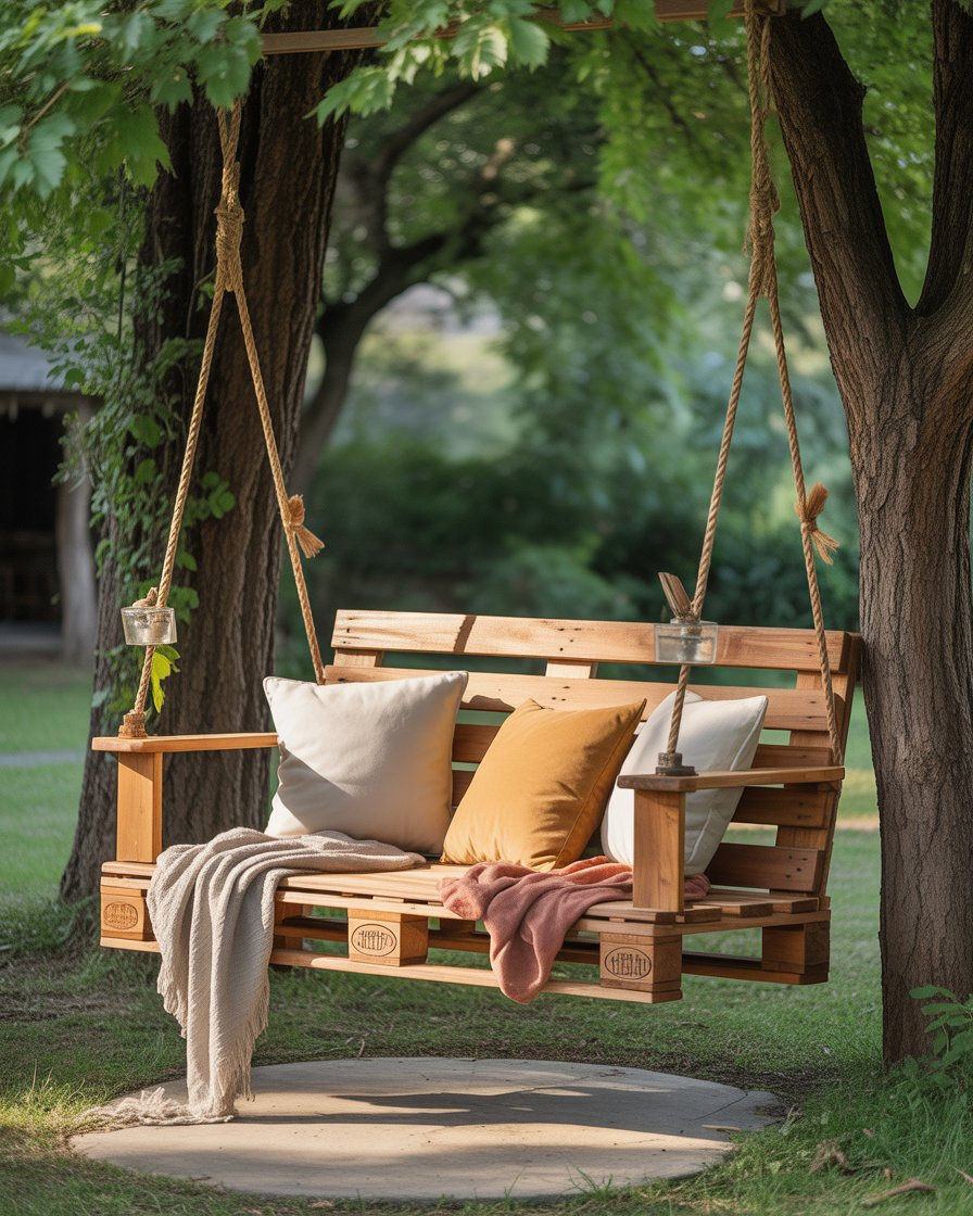 DIY recycled wood pallet swing with cushions in a boho garden.