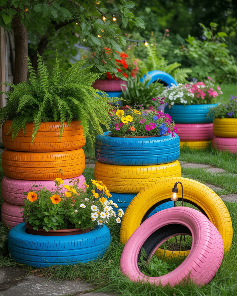 Recycled tires painted and used as planters in a boho garden.