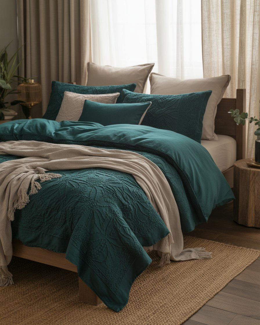 Boho bedroom with dark jewel-toned bedding in emerald and navy, creating a cozy, dramatic ambiance.