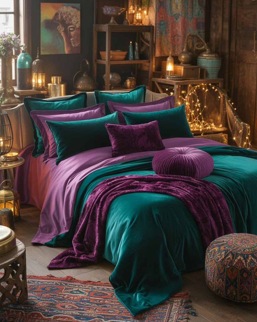 Boho bedroom with mixed-material bedding in jewel tones, creating a luxurious, layered effect.