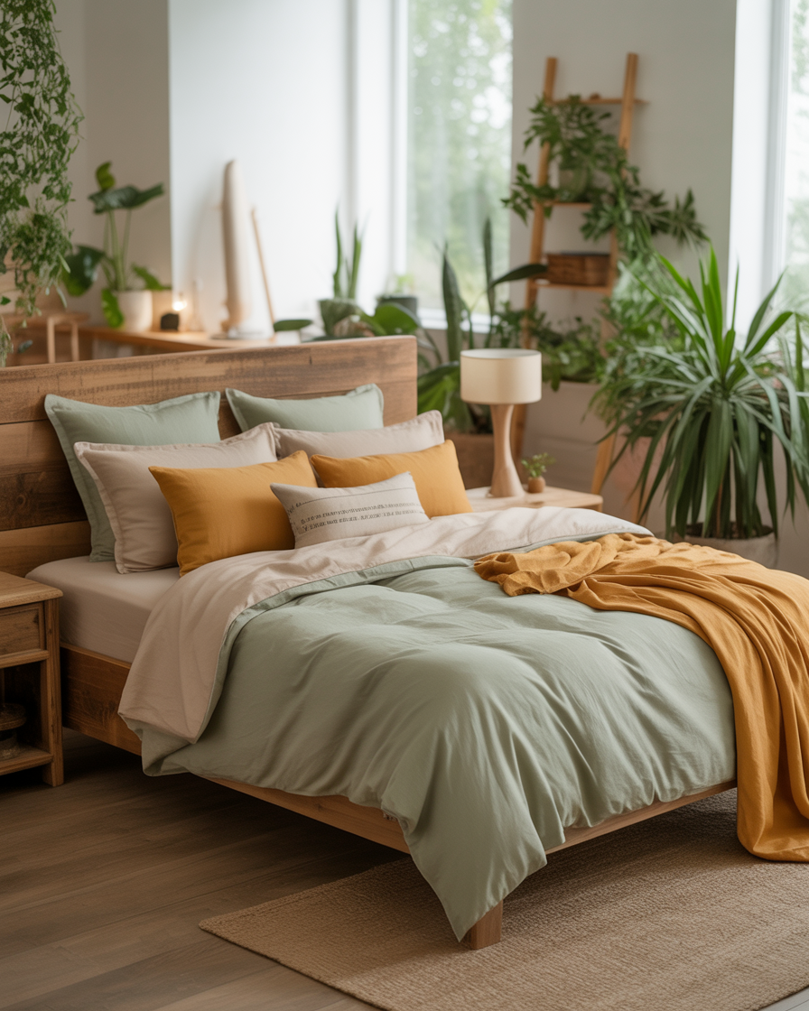 Eco-friendly boho bedroom with sustainable bedding and natural, earthy tones.