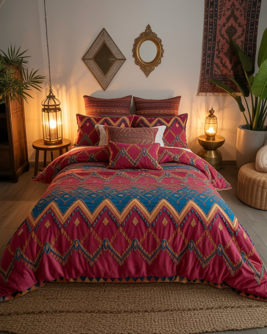 Moroccan-inspired boho bedroom with vibrant bedding and intricate geometric patterns.
