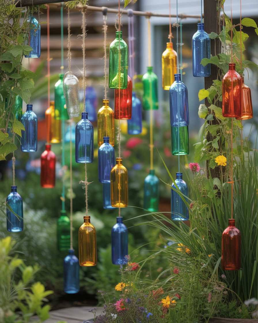 DIY recycled glass bottle wind chimes hanging in a boho garden.