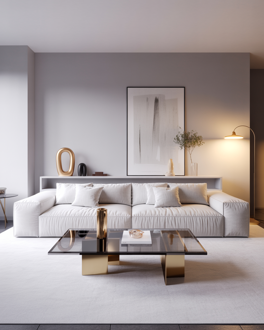Luxurious minimalist living room with sleek, elegant furniture and subtle metallic accents