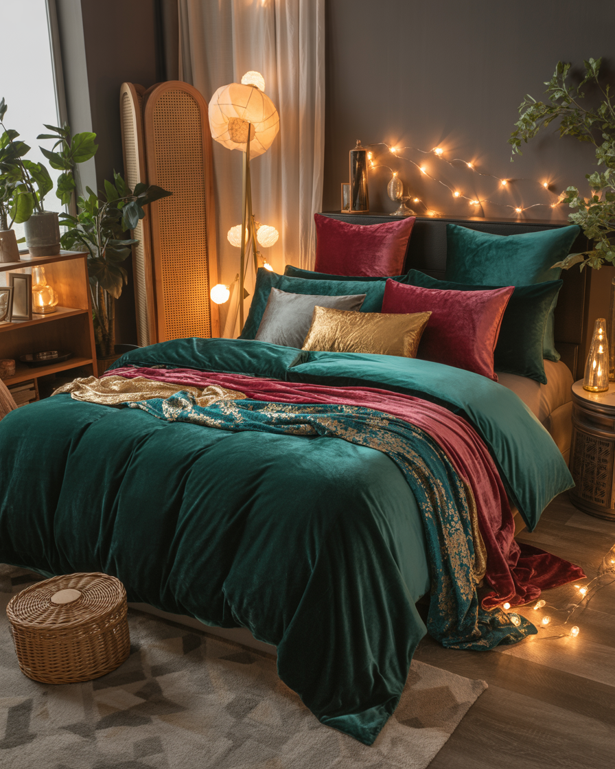 Luxurious boho bedroom with velvet bedding in deep jewel tones and metallic accents.