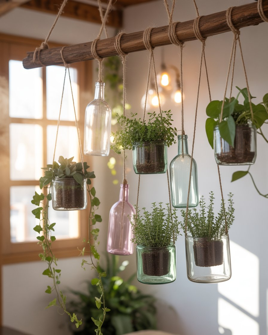 Recycled glass bottles used as planters hanging in a boho garden.