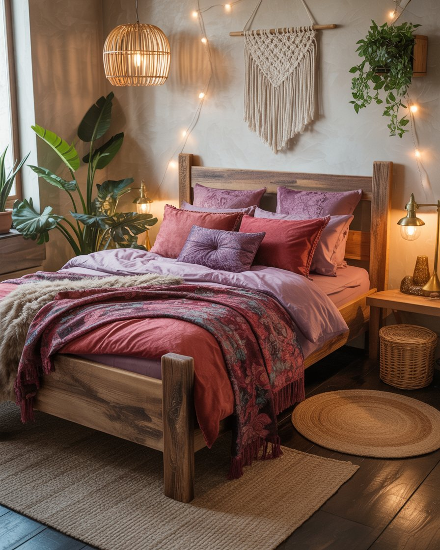 Rustic boho bedroom with wooden furniture and jewel-toned bedding in a rich, earthy palette."