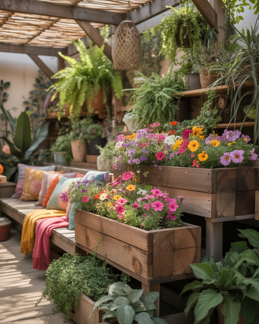 Rustic reclaimed wood planters with colorful flowers in a boho garden.