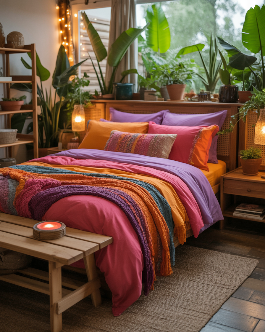 Vibrant boho bedroom with bold, multicolored bedding and natural wooden accents.