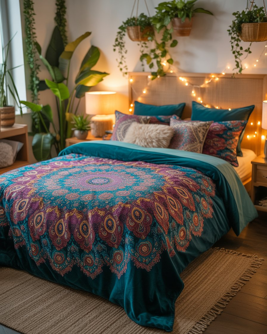 Boho bedroom with colorful mandala print bedding in jewel tones, creating a serene, spiritual atmosphere.