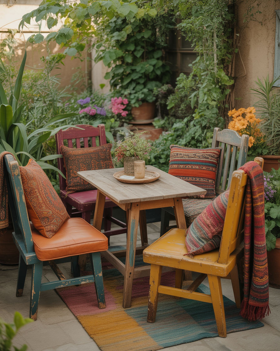 Upcycled furniture in a boho garden with vibrant cushions and throws.