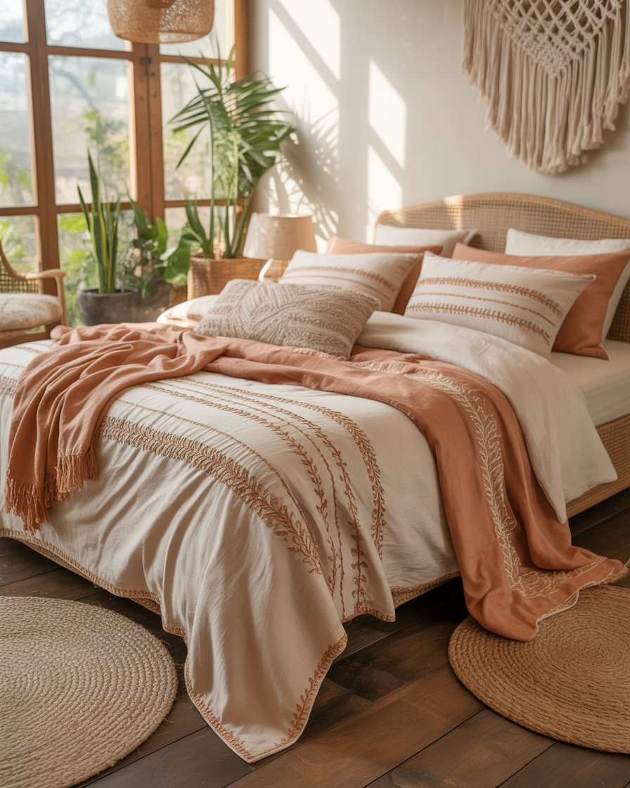 Boho bedroom with handmade bedding featuring embroidery and woven textures, offering an artisanal touch.
