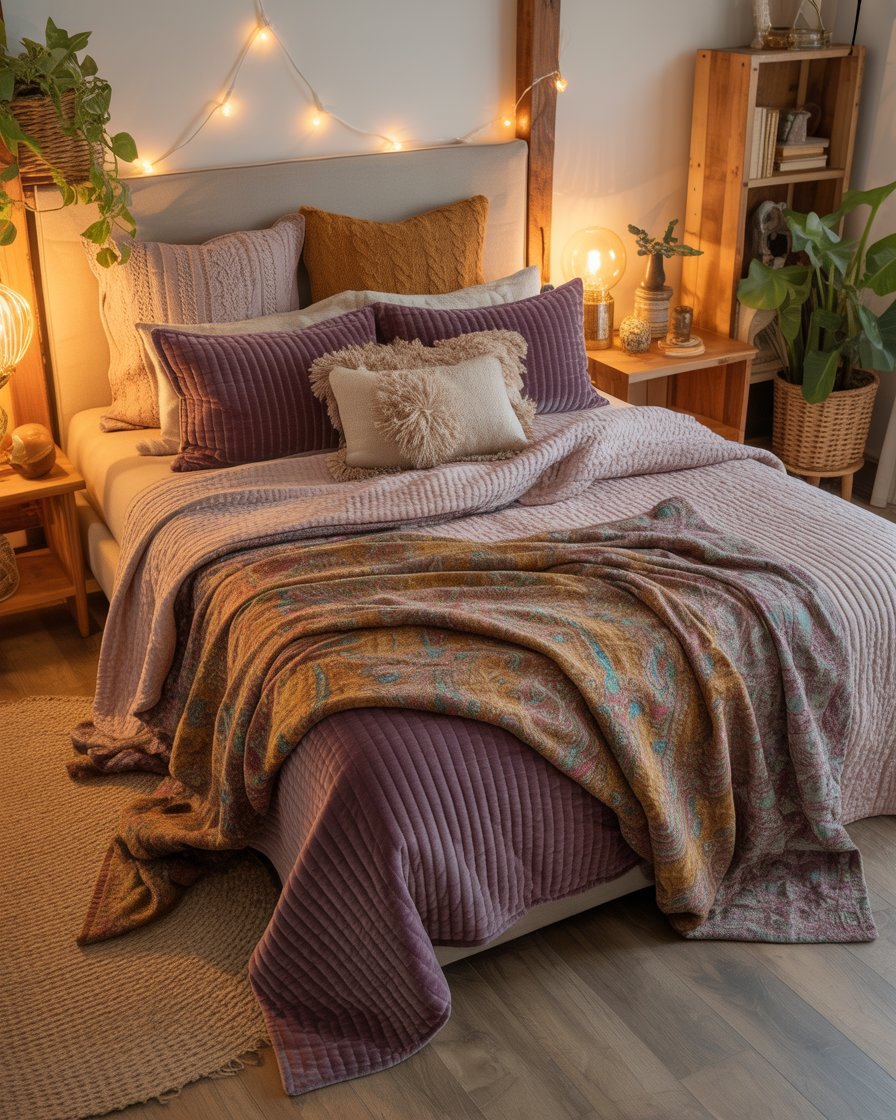 Cozy boho bedroom with layered bedding and textured throws in vibrant, inviting hues."
