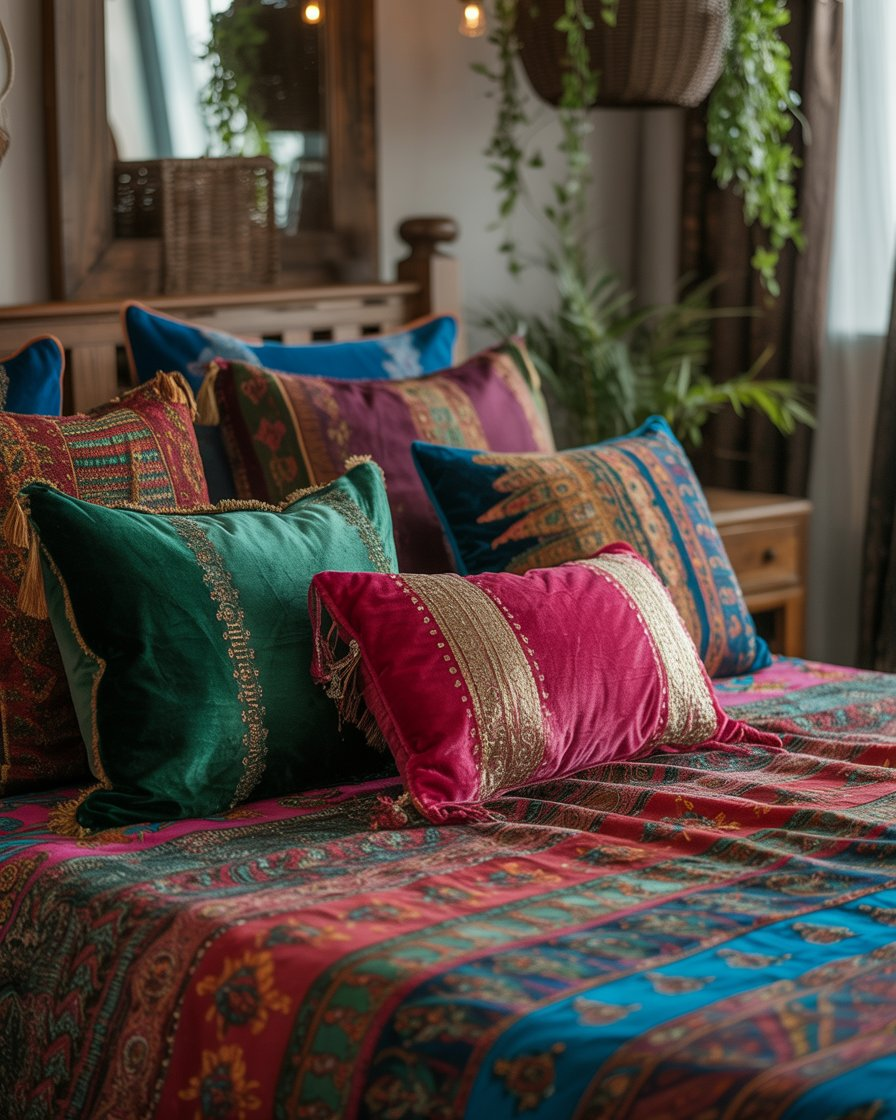 Boho bedroom with eclectic throw pillows in vibrant jewel tones, metallics, and woven fabrics.