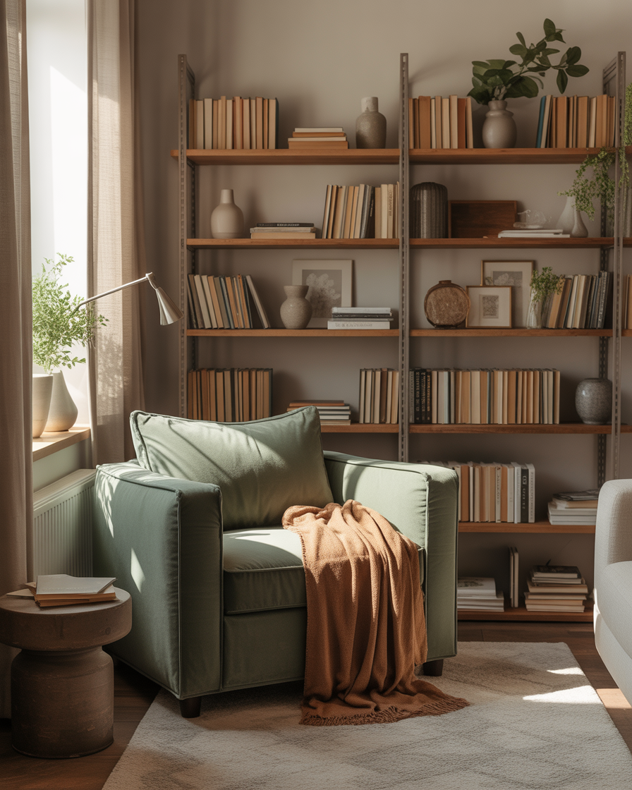 Cozy reading nook with a plush armchair, bookshelves, and soft lighting.