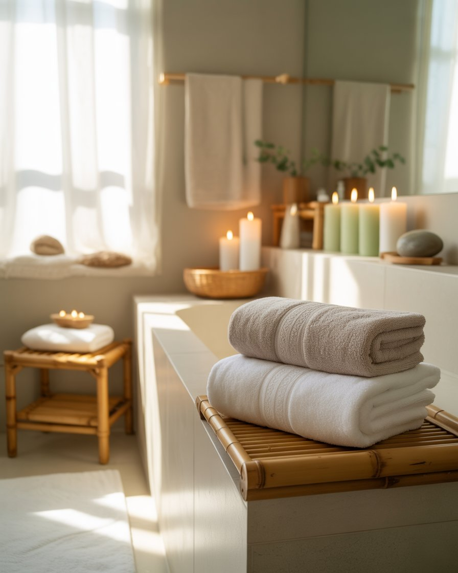 Home spa area with candles, towels, and bamboo storage.