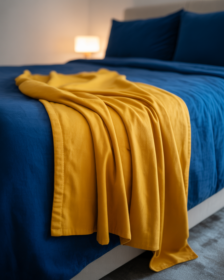 Mustard yellow throw blanket adding a touch of warmth to a navy blue bed.