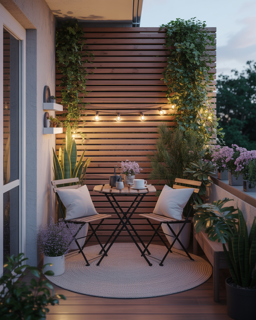 Privacy screen on a small balcony, creating a secluded, cozy space.