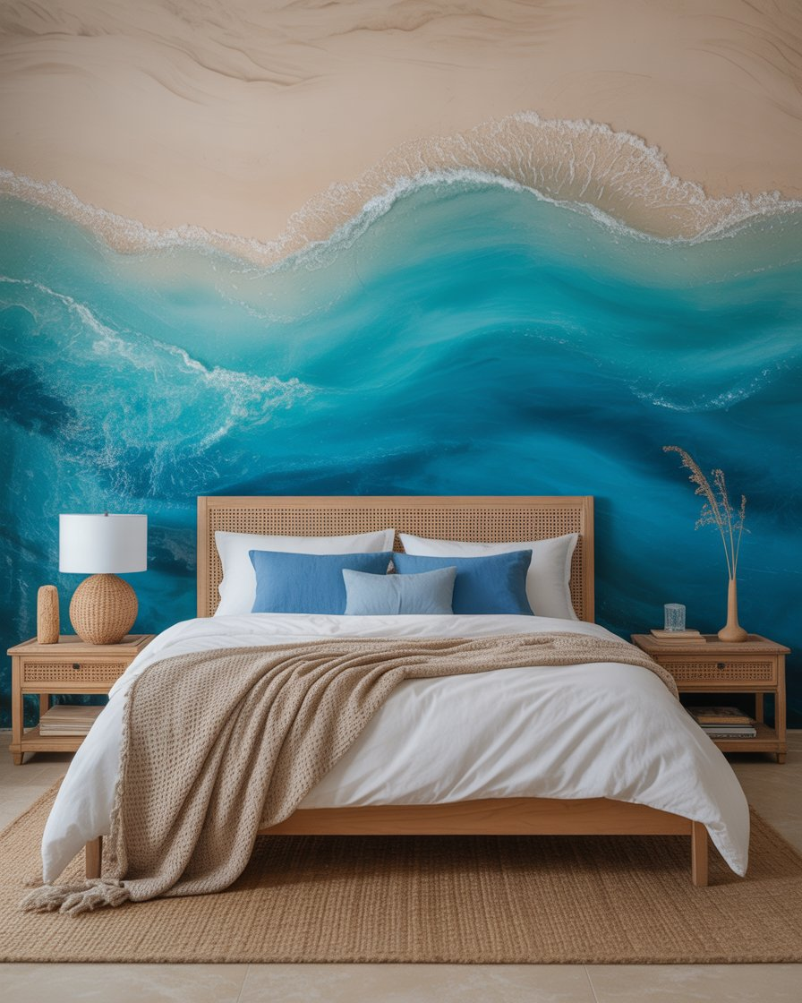 Beach-inspired bedroom with sand and ocean blue creating a peaceful, natural feel.