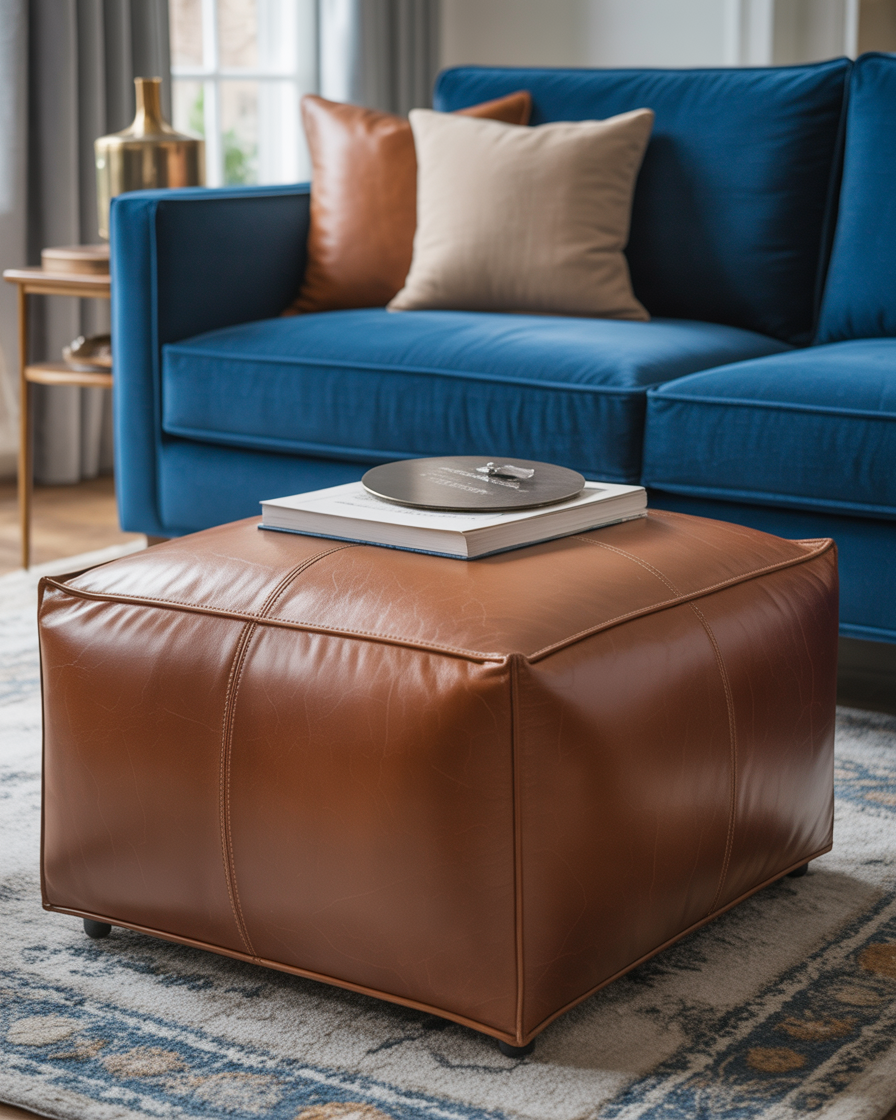 Stylish living room with a brown leather ottoman and blue sofa creating a functional and fashionable space.