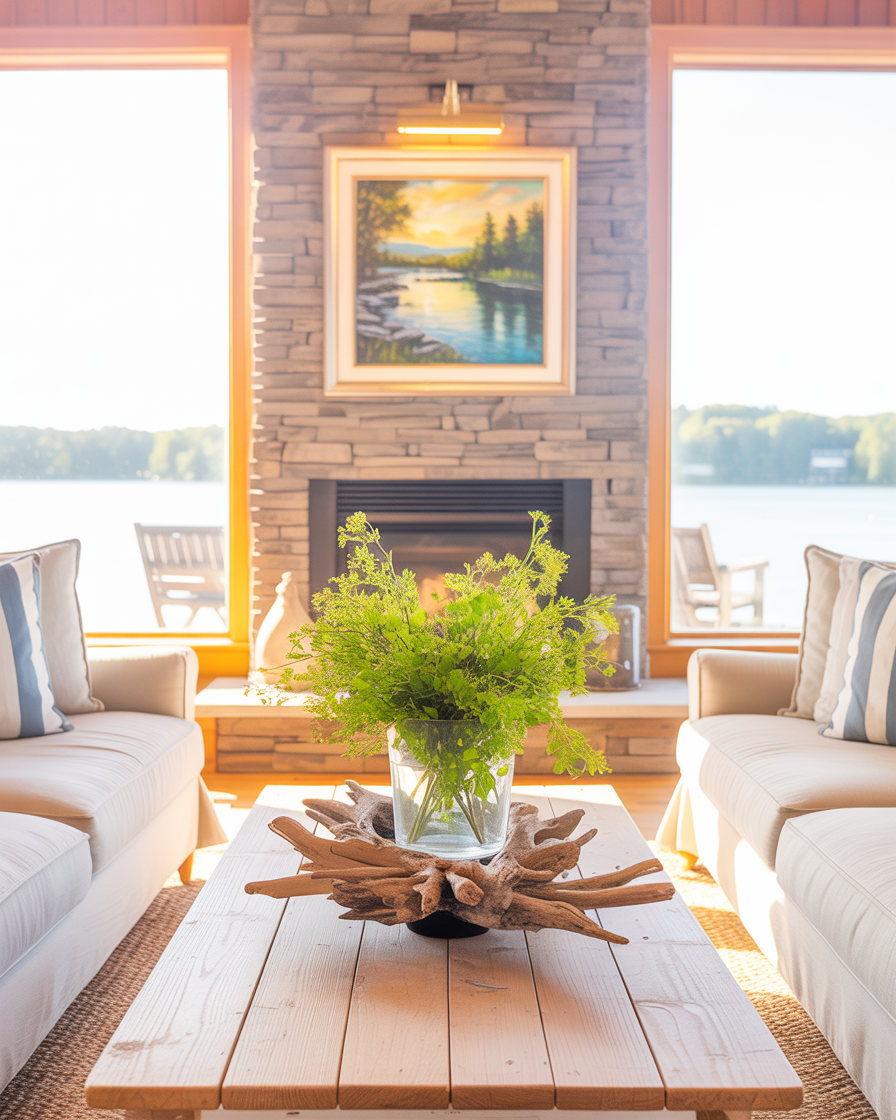 Natural decor accents in a chic lake house interior