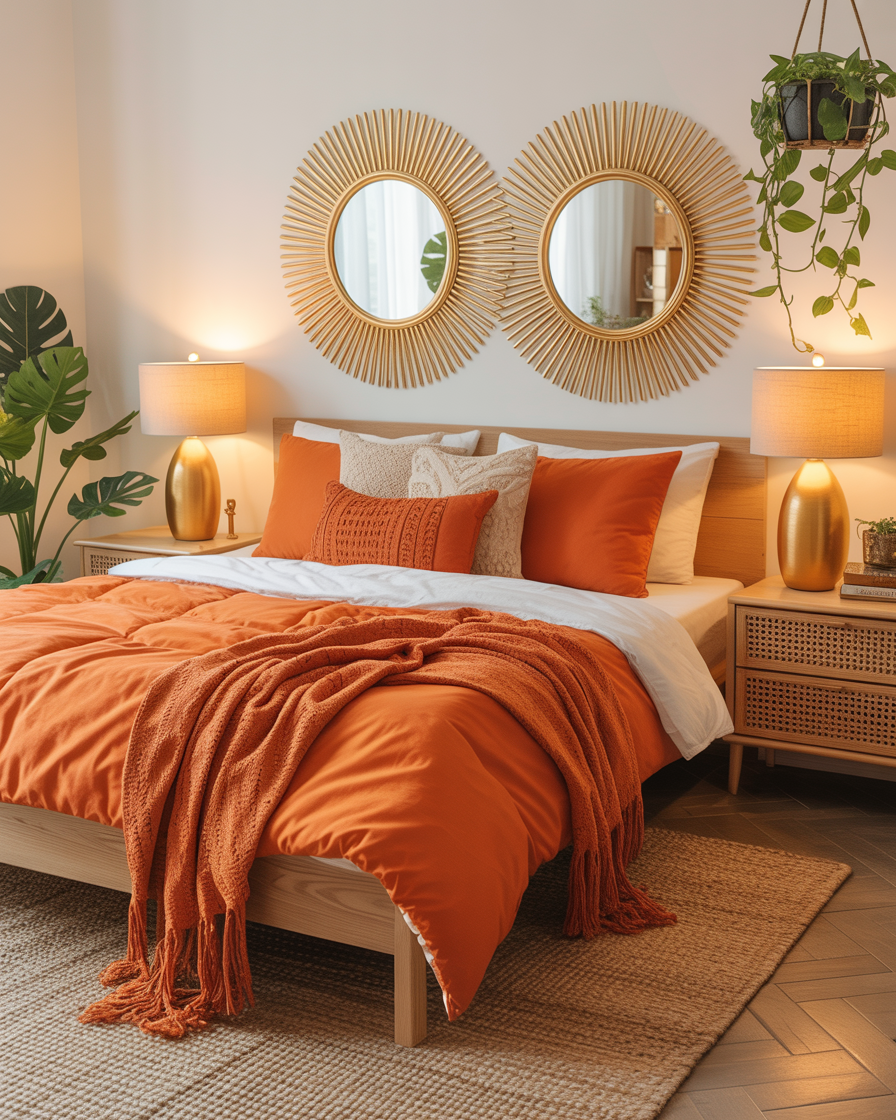 A boho bedroom with a blend of orange and gold accents for an elegant, boho-chic feel.
