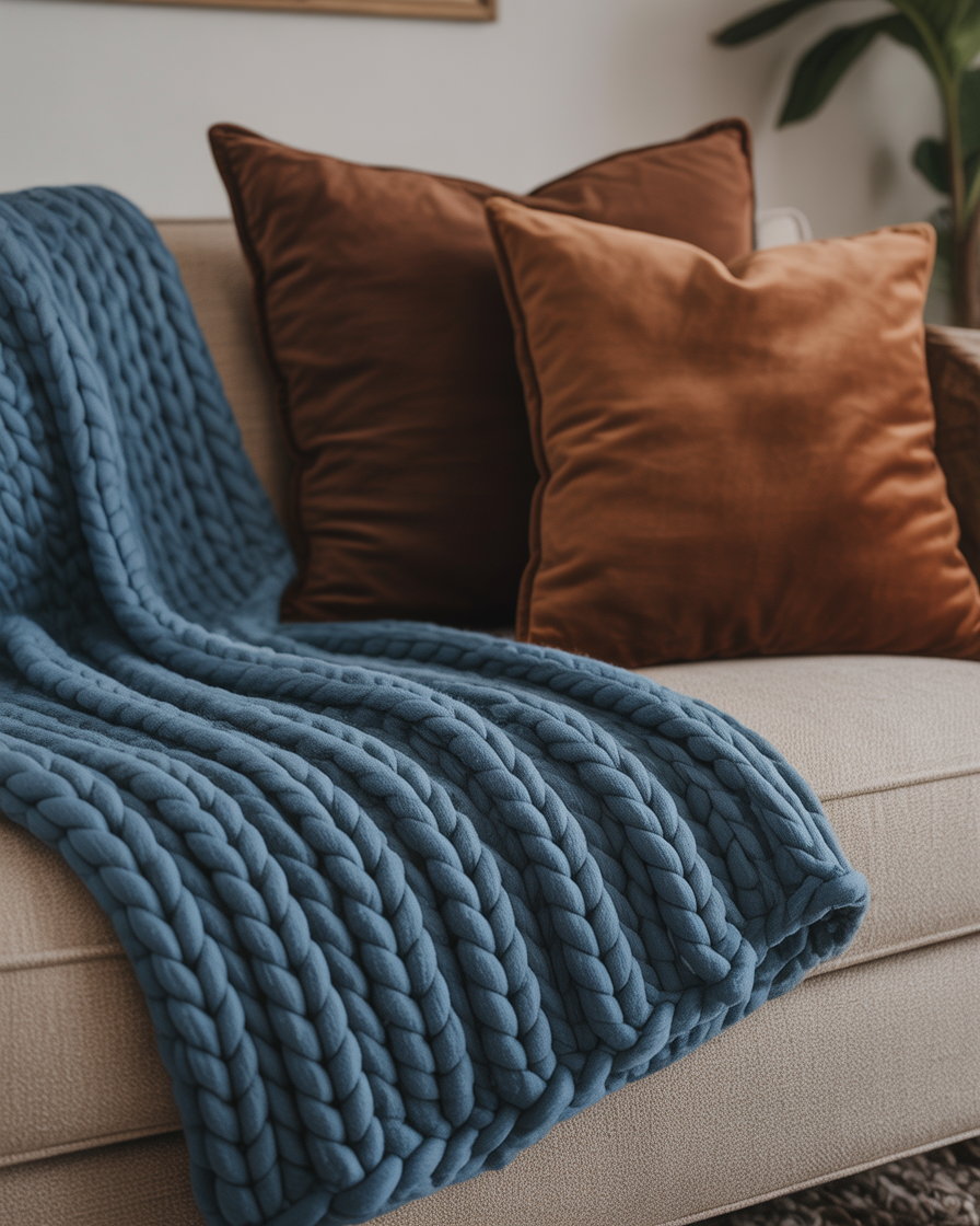 Cozy living room with blue throws and brown pillows layering textures in the space.