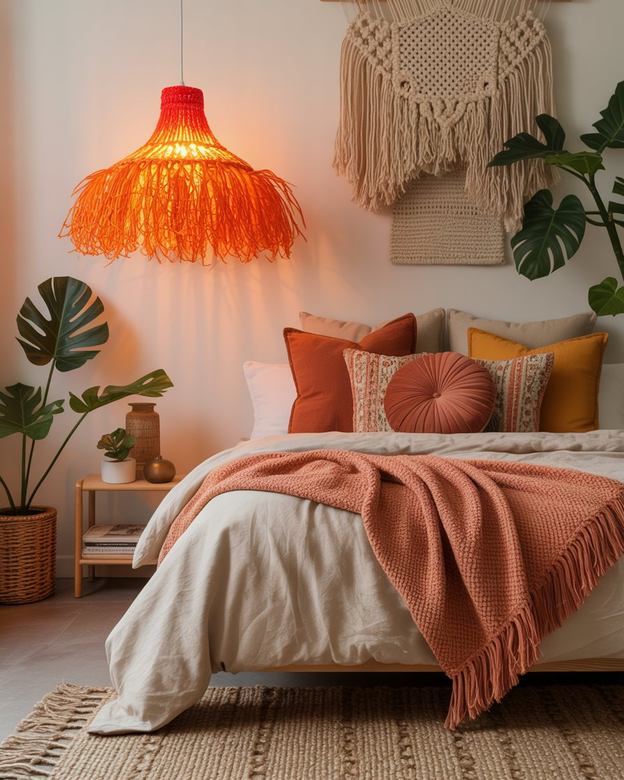 A boho bedroom with an orange pendant light adding a cozy ambiance to the room.