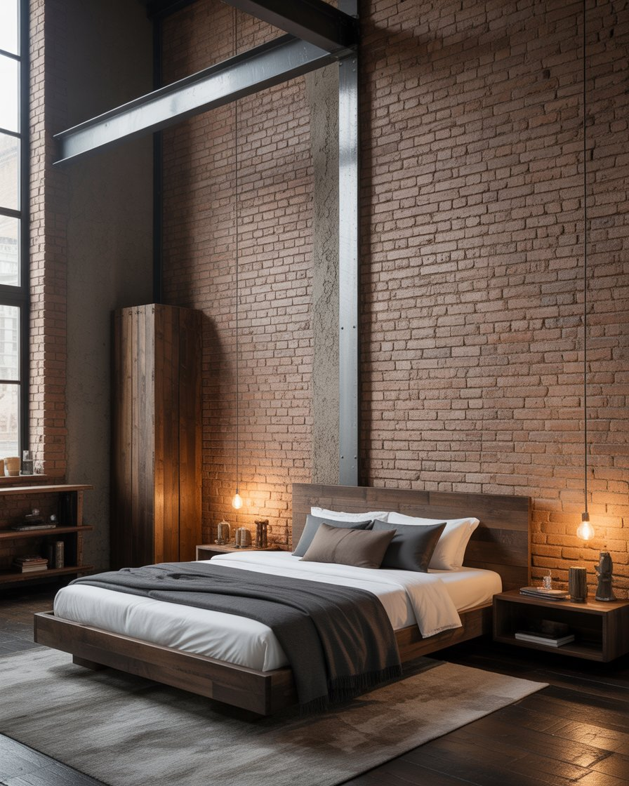 Bold moody industrial bedroom with raw materials and dark tones creating an edgy, cozy space.