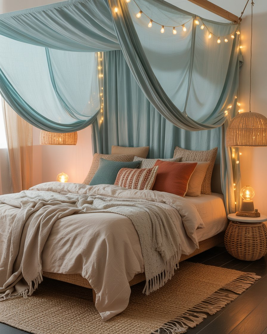 A boho bedroom with a light blue canopy above the bed for a dreamy, cozy effect.
