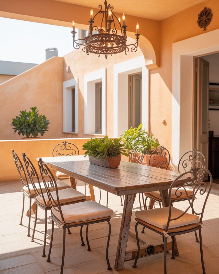 Sunny Mediterranean-style dining area with rustic furniture and colorful accents.